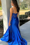 Royal Blue Mermaid Lace Appliques Sweetheart Neck Prom Dresses With Slit, PL735 image 2