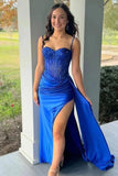 Royal Blue Mermaid Lace Appliques Sweetheart Neck Prom Dresses With Slit, PL735 image 1
