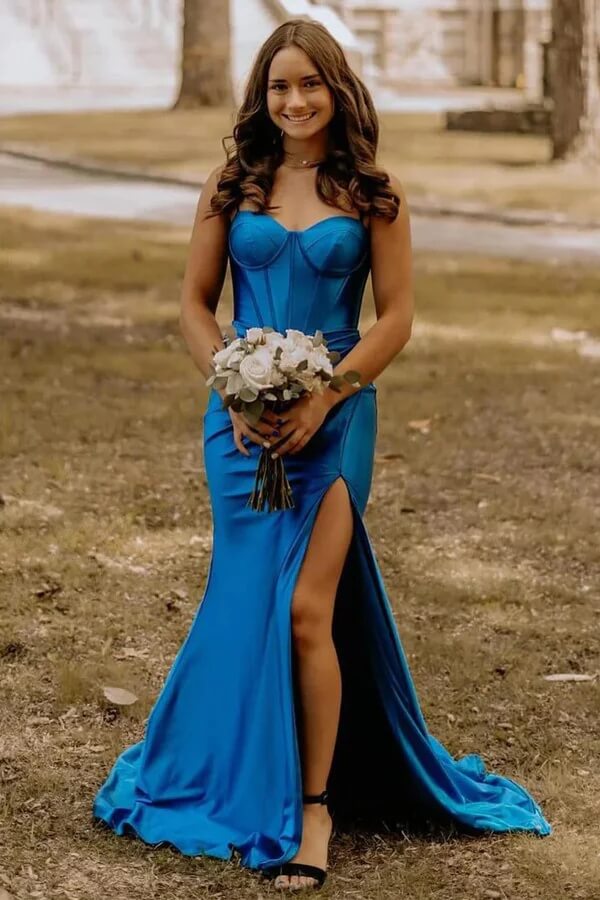 Royal Blue Satin Mermaid Sweetheart Long Prom Dresses With Slit, PL653 image 1