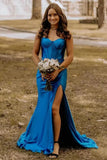 Royal Blue Satin Mermaid Sweetheart Long Prom Dresses With Slit, PL653