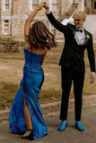 Royal Blue Satin Mermaid Sweetheart Long Prom Dresses With Slit, PL653 image 3