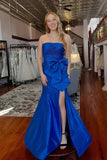 Royal Blue Satin Pleated Mermaid Prom Dresses With Bow, Long Formal Dress, PL785