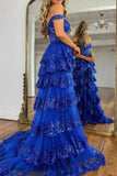 Royal Blue Sequins A Line Tiered Sweep Train Long Prom Dresses With Split, PL752 image 2
