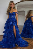 Royal Blue Sequins A Line Tiered Sweep Train Long Prom Dresses With Split, PL752 image 1