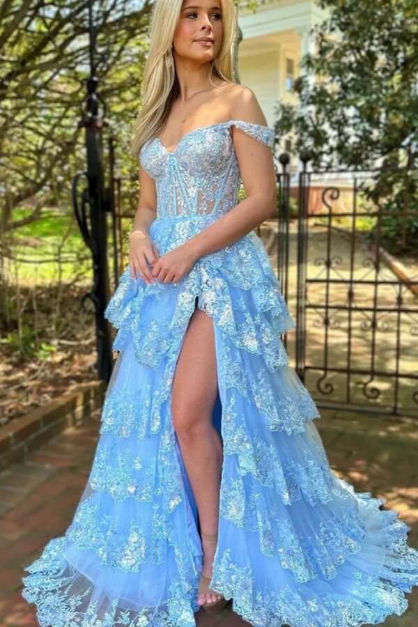 Royal Blue Sequins A Line Tiered Long Prom Dresses, PL752 | Promnova Royal Blue Sequins A Line Tiered Long Prom Dresses, PL752 | Promnova