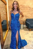 Royal Blue Sequins Mermaid Sparkly Prom Dresses With Slit, Evening Dress, PL593