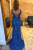 Royal Blue Sequins Mermaid Sparkly Prom Dresses With Slit, Evening Dress, PL593 image 3