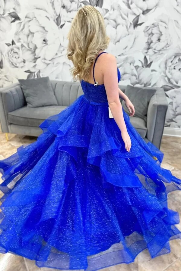 Royal Blue Shiny Tulle A Line V Neck Prom Dresses, PL626 | Promnova Royal Blue Shiny Tulle A Line V Neck Prom Dresses, PL626 | Promnova