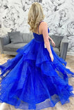 Royal Blue Shiny Tulle A Line V Neck Multi-Layer Long Prom Dresses, PL626 | prom dresses for girls | evening gown | sparkly prom dress | promnova.com