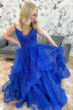 Royal Blue Shiny Tulle A Line V Neck Multi-Layer Long Prom Dresses, PL626 | cheap long prom dress | evening gown | new arrival prom dress | promnova.com