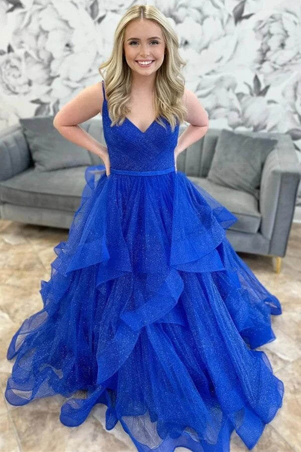 Royal Blue Shiny Tulle A Line V Neck Prom Dresses, PL626