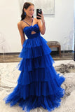 Royal Blue Tulle A Line Spaghetti Straps Layers Princess Prom Dresses, PL630
