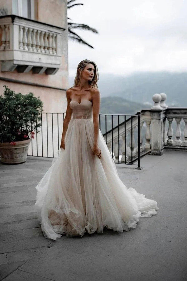 Rustic Tulle A Line Sweetheart Beach Wedding Dresses, PW397 | Promnova Rustic Tulle A Line Sweetheart Beach Wedding Dresses, PW397 | Promnova