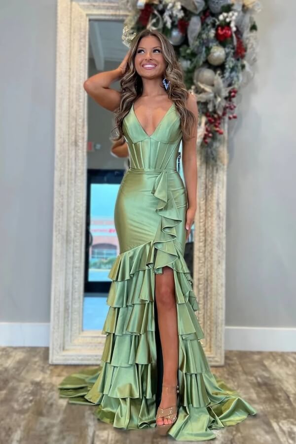 Charming Mermaid V Neck Satin Tiered Slit Sage Prom Dress PSK695 US12 / Custom Color Charming Mermaid V Neck Satin Tiered Slit Sage Prom Dress PSK695 US12 / Custom Color