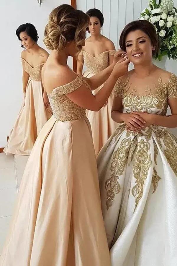Satin A Line Off Shoulder Beaded Bridesmaid Dresses, Wedding Party Dress, PB177 image 2