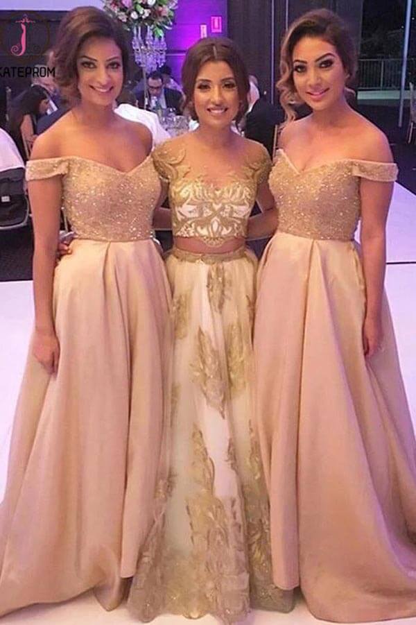 Satin A Line Off Shoulder Beaded Bridesmaid Dresses, PB177 | Promnova