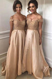 Satin A Line Off Shoulder Beaded Bridesmaid Dresses, Wedding Party Dress, PB177 image 3
