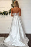 Satin A Line Strapless Simple Wedding Dresses With Slit, Bridal Gown, PW412 | strapless wedding dress | satin wedding dress | summer wedding dress | promnova.com