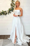 Satin A Line Strapless Simple Wedding Dresses With Slit, Bridal Gown, PW412
