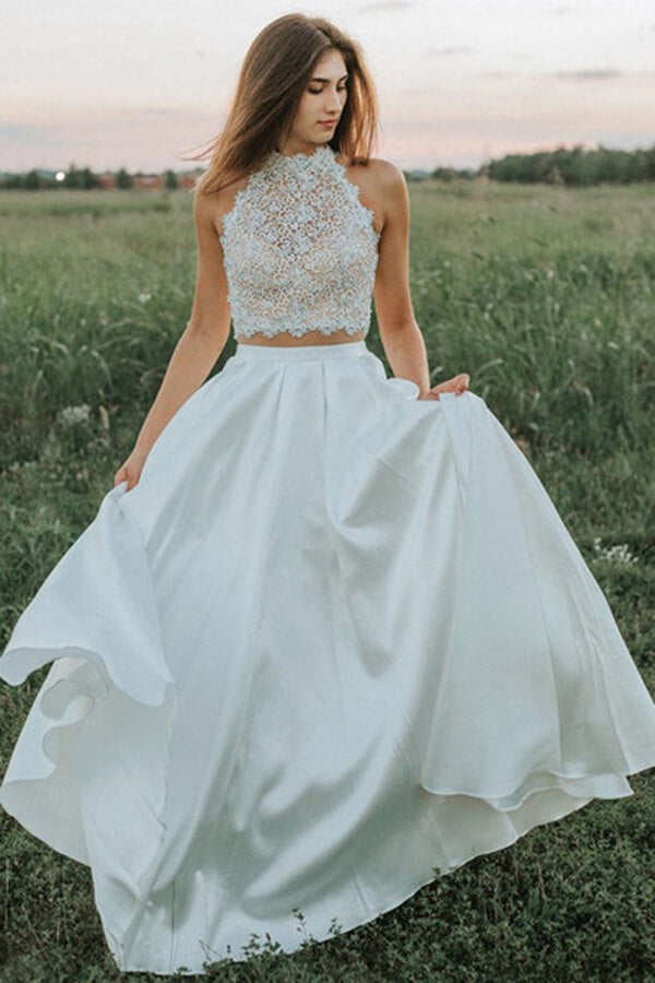 blue dress for baby girl A-Line Halter Backless Sweep Train White Lace Wedding Dress Custom Size / Ivory main image 1