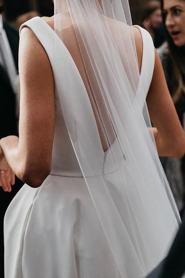 Simple Ivory Satin Strapless A Line V Neck Wedding Dresses With Slit PW273