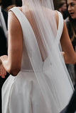 Satin A Line V Neck Open Back Wedding Dresses With Slit, Bridal Gown, PW372 image 4