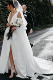 Satin A Line V Neck Open Back Wedding Dresses With Slit, Bridal Gown, PW372 image 2