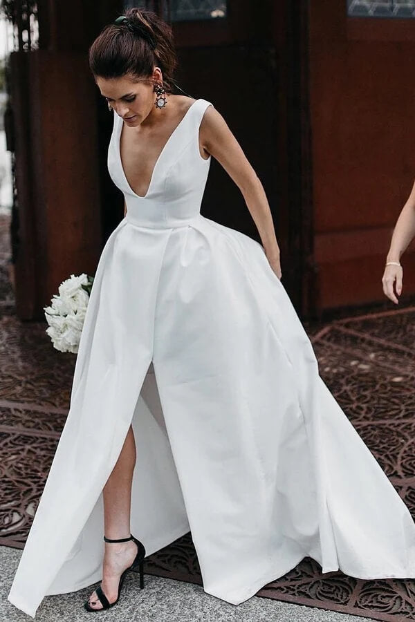 Satin A Line V Neck Open Back Wedding Dresses With Slit, Bridal Gown, PW372 image 1