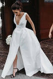 Satin A Line V Neck Open Back Wedding Dresses With Slit, Bridal Gown, PW372