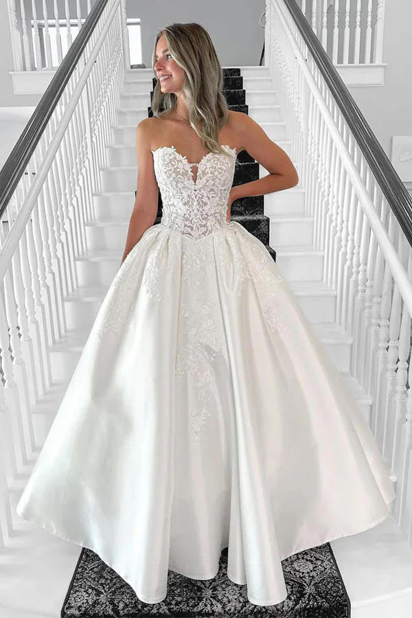 Satin Ball Gown Sweetheart Vintage Wedding Dresses With Appliques, PW453 image 1