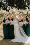 Satin Green A Line Spaghetti Straps Long Bridesmaid Dresses With Slit, PB187