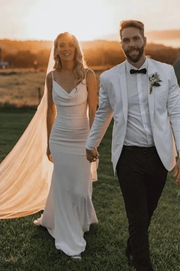 Satin Mermaid Cowl Neck Simple Wedding Dresses, PW439