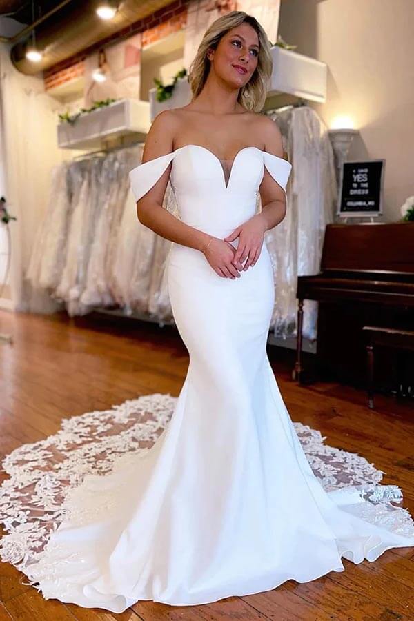 Satin Mermaid Lace Off-the-Shoulder Wedding Dresses PW388 | Promnova US18W / Custom Color Satin Mermaid Lace Off-the-Shoulder Wedding Dresses PW388 | Promnova US18W / Custom Color