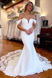 Satin Mermaid Lace Off-the-Shoulder Wedding Dresses With Court Train, PW388 | mermaid wedding dress | bridal gown | cheap lace wedding dress | promnova.com