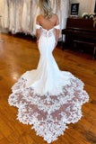 Satin Mermaid Lace Off-the-Shoulder Wedding Dresses With Court Train, PW388 | strapless wedding dress | wedding dress stores | beach wedding dress | promnova.com
