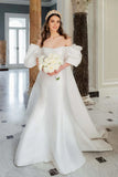 Satin Mermaid Off-the-Shoulder Puff Sleeves Chapel Train Wedding Dress, PW443