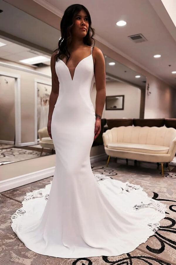 mermaid cut dress wedding Satin Mermaid Spaghetti Strap Lace Wedding Dresses, PW464
