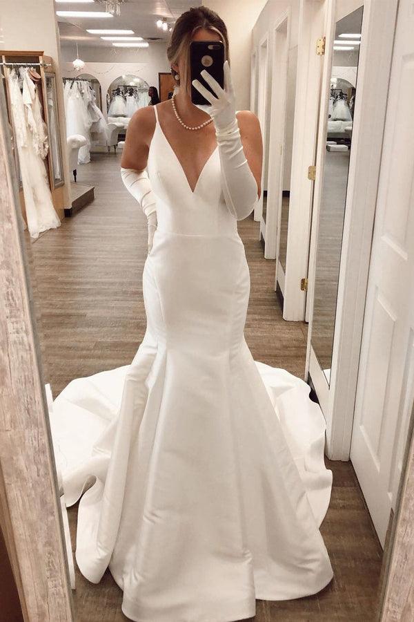 satin v neck mermaid wedding dress Elegant Beaded Lace Light Ivory V-Neck Embroidery Satin Mermaid Wedding Dress