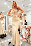 Satin Mermaid V Neck Spaghetti Straps Prom Dresses With Lace Appliques, PL601 image 4