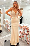 Satin Mermaid V Neck Spaghetti Straps Prom Dresses With Lace Appliques, PL601 image 1