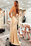 Satin Mermaid V Neck Spaghetti Straps Prom Dresses With Lace Appliques, PL601 image 2