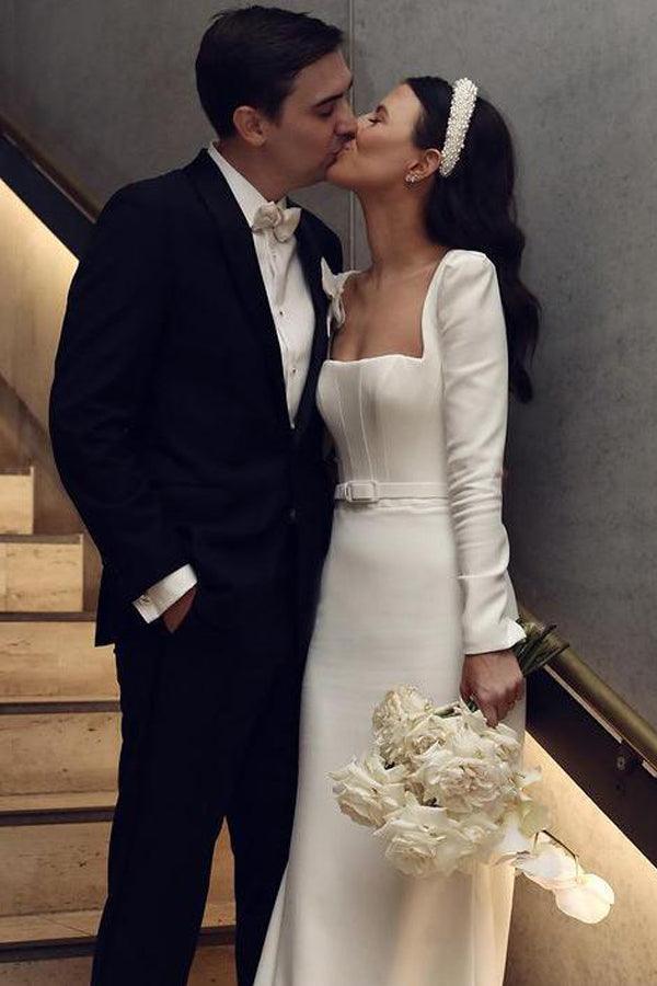 Retro Satin Long Sleeves Sweep Train Sheath Wedding Dress Bridal Gown US4 / As Picture Retro Satin Long Sleeves Sweep Train Sheath Wedding Dress Bridal Gown US4 / As Picture