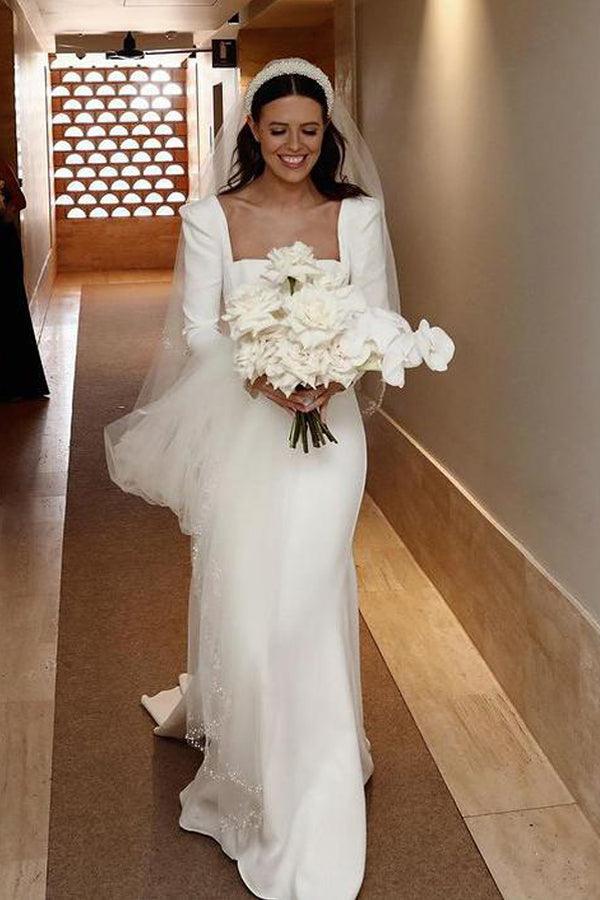 Retro Satin Long Sleeves Sweep Train Sheath Wedding Dress Bridal Gown US4 / As Picture Retro Satin Long Sleeves Sweep Train Sheath Wedding Dress Bridal Gown US4 / As Picture
