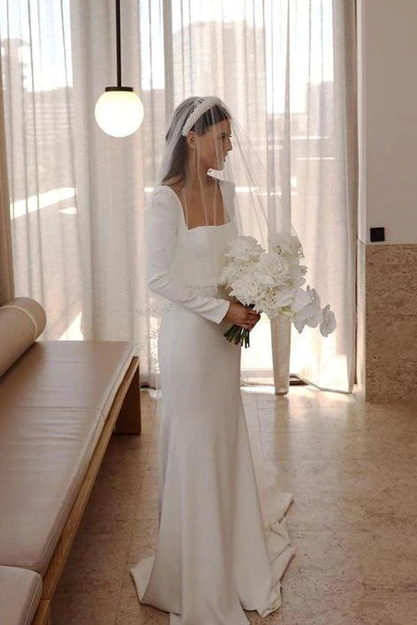 Retro Satin Long Sleeves Sweep Train Sheath Wedding Dress Bridal Gown US4 / As Picture Retro Satin Long Sleeves Sweep Train Sheath Wedding Dress Bridal Gown US4 / As Picture