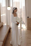 Satin Sheath Long Sleeves Wedding Dresses With Sweep Train, Bridal Gown, PW355 | bohemian wedding dresses | vintage wedding dresses | mermaid wedding dresses | promnova.com