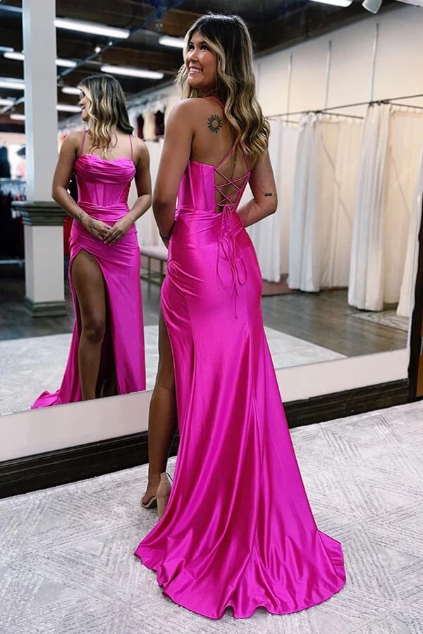 Satin Sheath Spaghetti Straps Side Slit Prom Dresses With Lace up Back, PL566 | cheap long prom dresses | mermaid prom dresses | prom dresses online | promnova.com