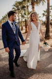 Satin Sheath V Neck Sweep Train Simple Wedding Dresses With Slit, PW457