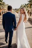 Satin Sheath V Neck Sweep Train Simple Wedding Dresses With Slit, PW457 | backless wedding dress | cheap wedding dresses online | custom made wedding dress | promnova.com