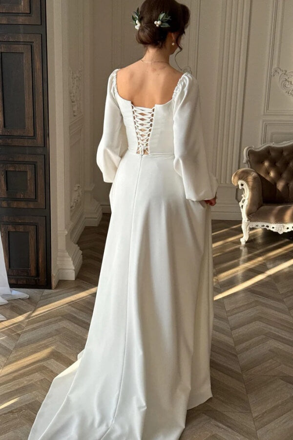 Satin A Line Long Sleeve Modest Wedding Dresses With Train, Bridal Gown, PW521 image 2