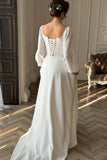 Satin A Line Long Sleeve Modest Wedding Dresses With Train, Bridal Gown, PW521 image 2